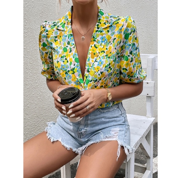 Floral Yellow Green Blue Button Down Puff Sleeve Shirt Lapel V-Neck - Picture 7 of 8